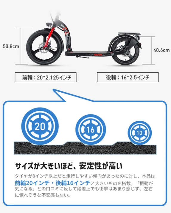 AINOHOT H001 電動キックボード前輪20・後輪16インチの大径タイヤ